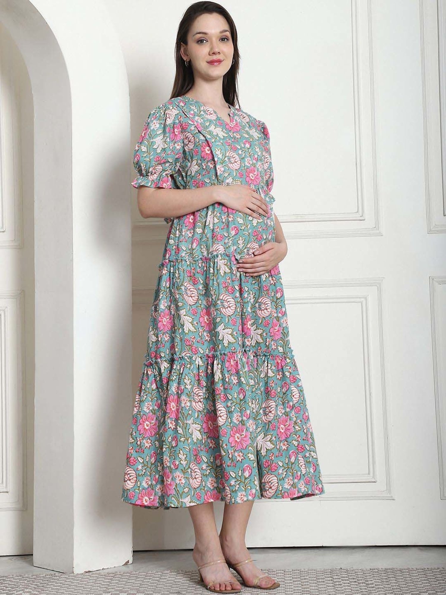 Secret Wish Green Cotton Floral Straight Dress