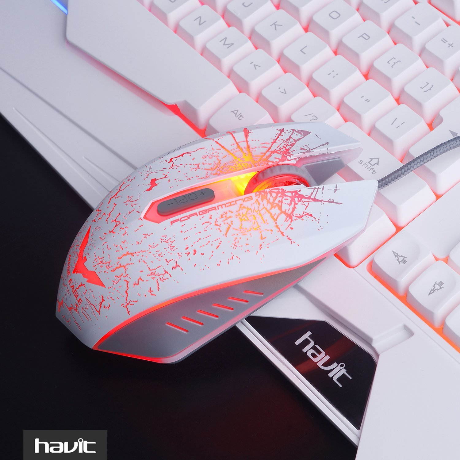 Gaming Keyboard and Mouse Combo, Led Rainbow Backlit Wired Gaming Keyboard and Gaming Mouse,Up to 3200 DPI,19 Anti-ghosting key ,5 multimedia keys - White