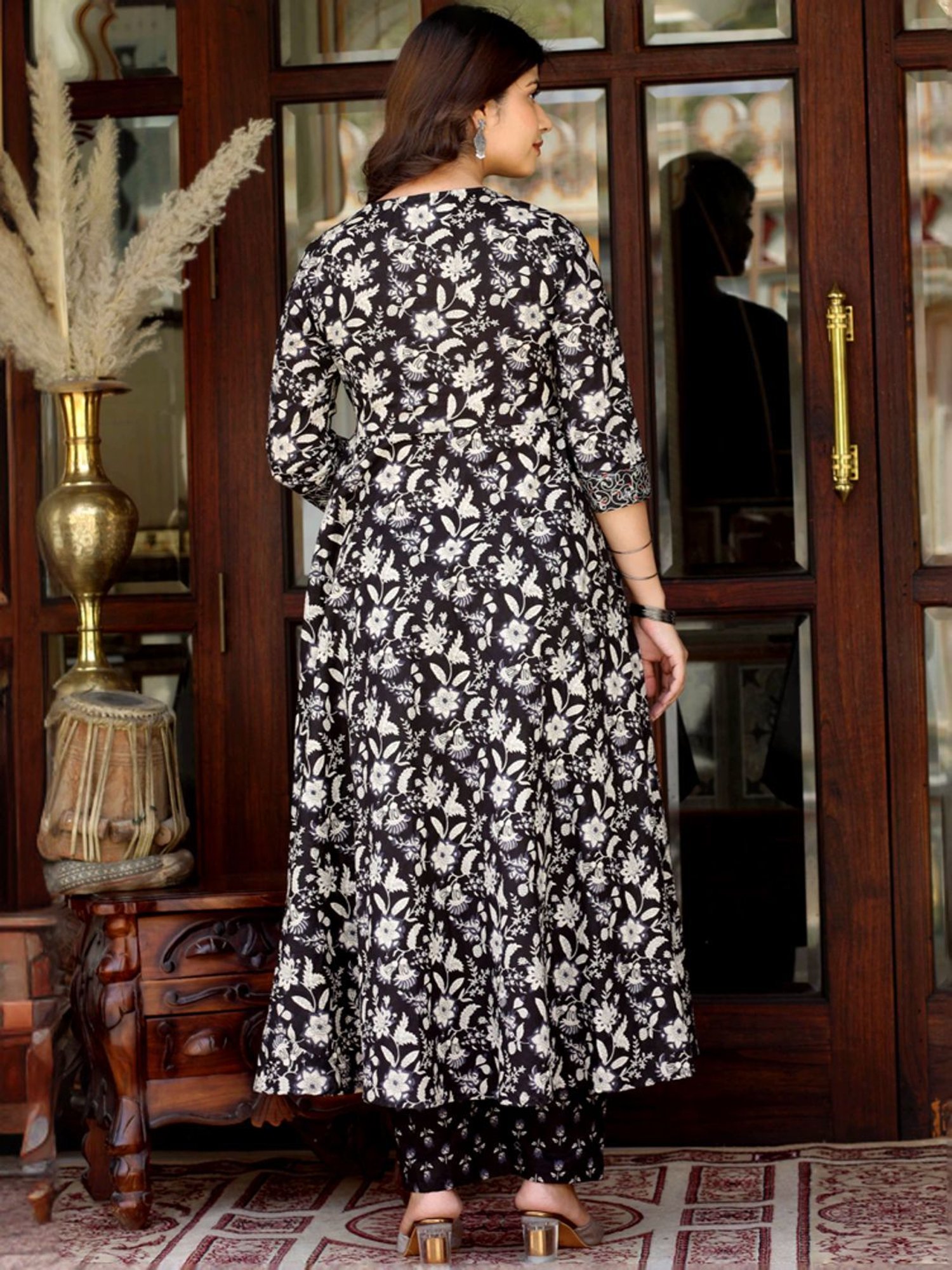 Miravan Black Cotton Embroidered Kurta Palazzo Set With Dupatta