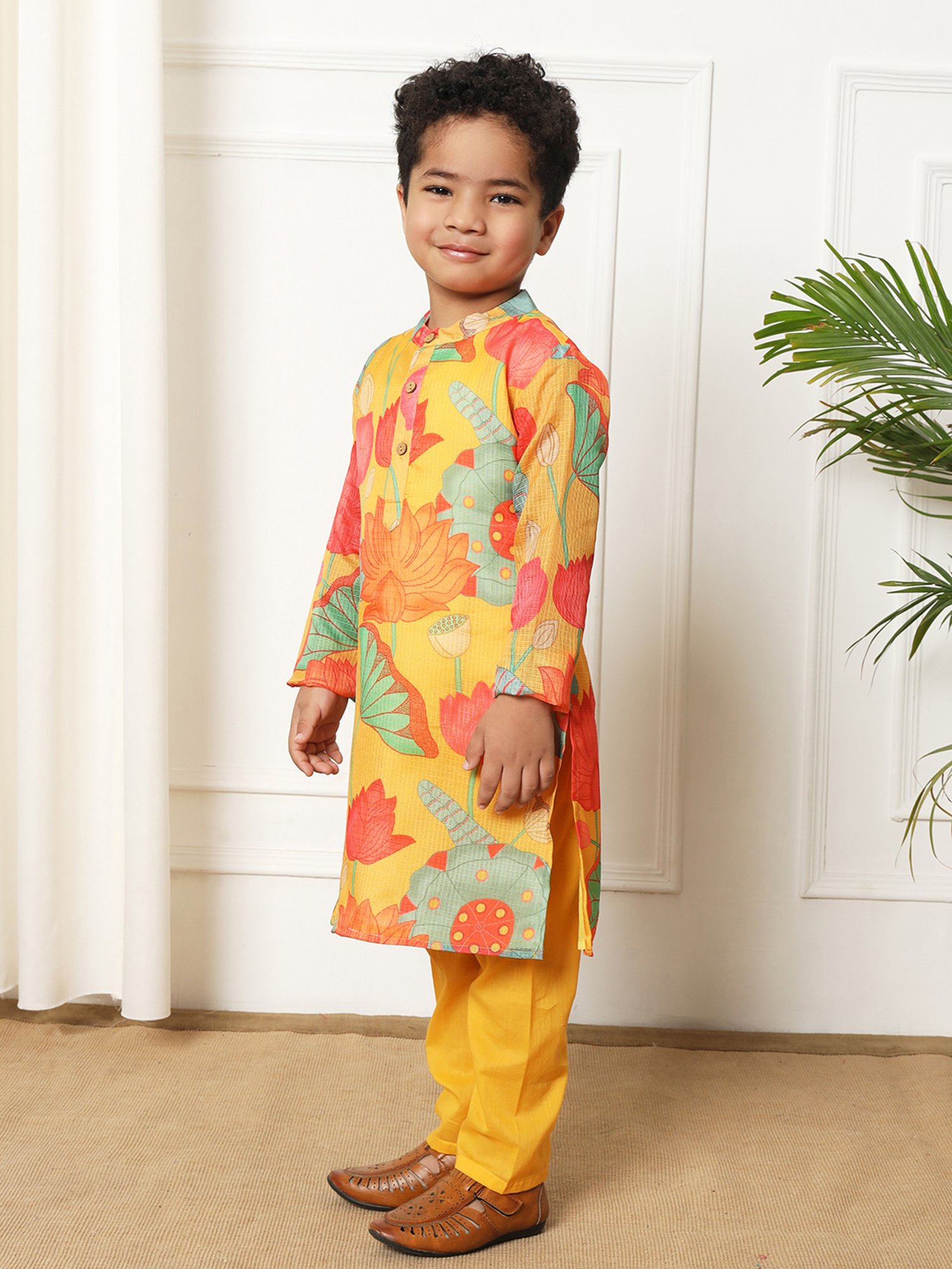 READIPRINT FASHIONS Kids Yellow & Coral Printed Full Sleeves Kurta with Pyjamas