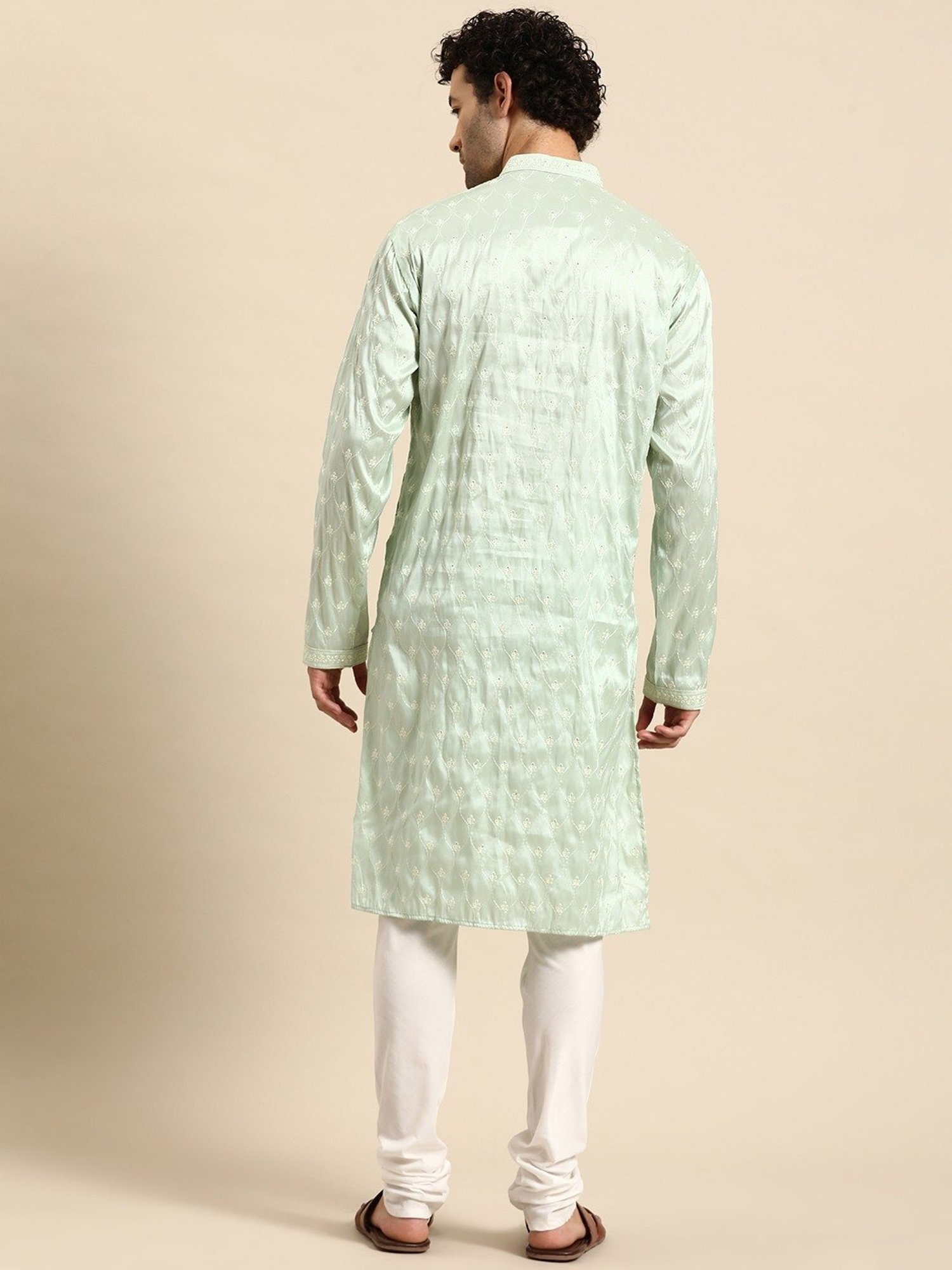 ManQ Green Regular Fit Embroidered Kurta