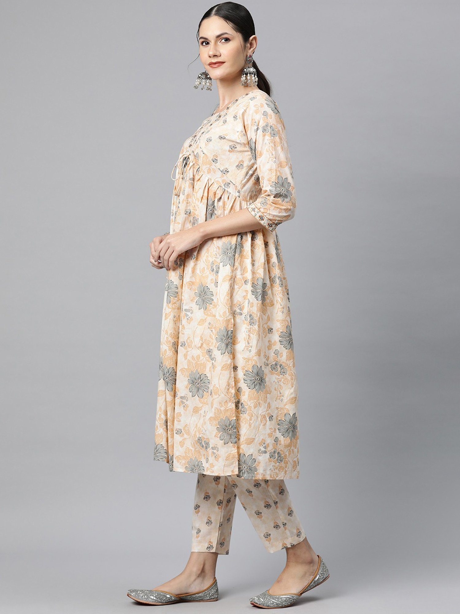 READIPRINT FASHIONS Beige Cotton Floral Print Kurta Pant Set With Dupatta