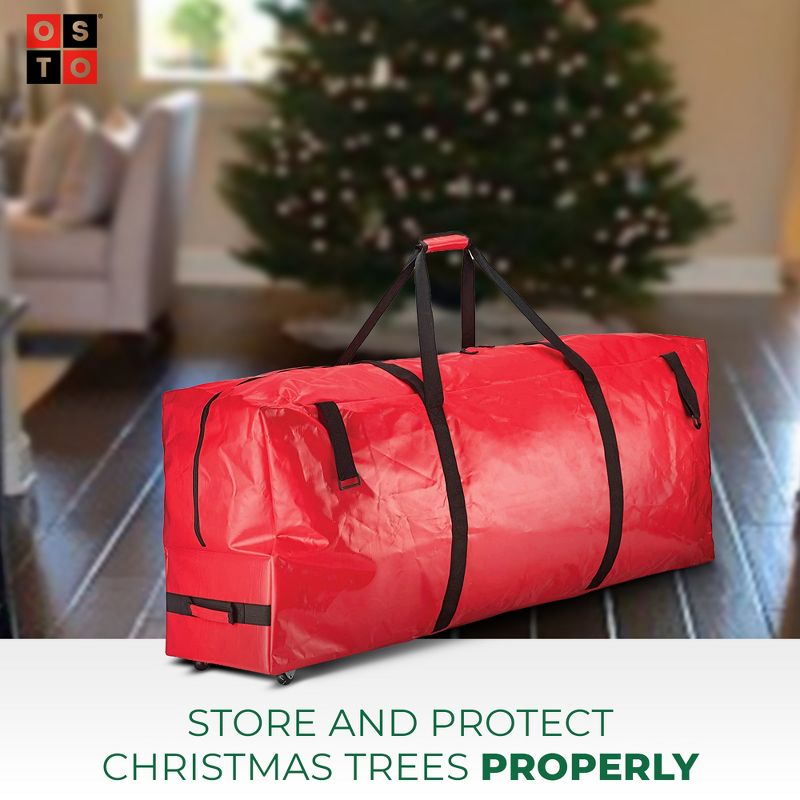 OSTO Heavy Duty PVC Artificial Christmas Tree Storage Bag with Wheels for Disassembled Trees up to 7.5 Feet 48x15x20 Inch Red