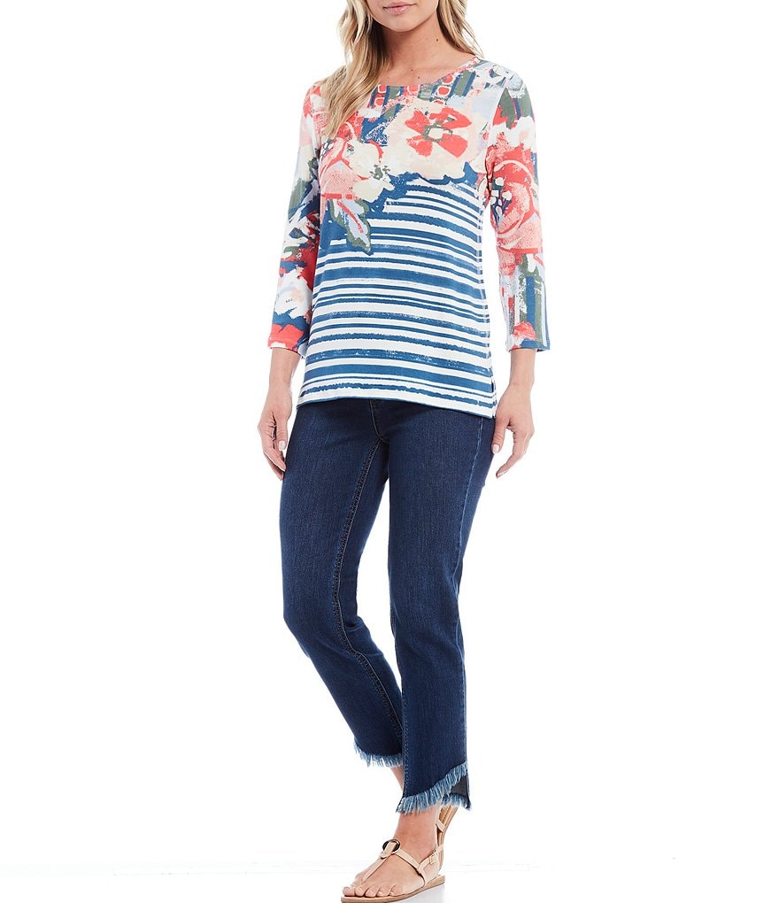 Multiples Floral Stripe Placed Print 3/4 Sleeve Baby French Terry Knit Top