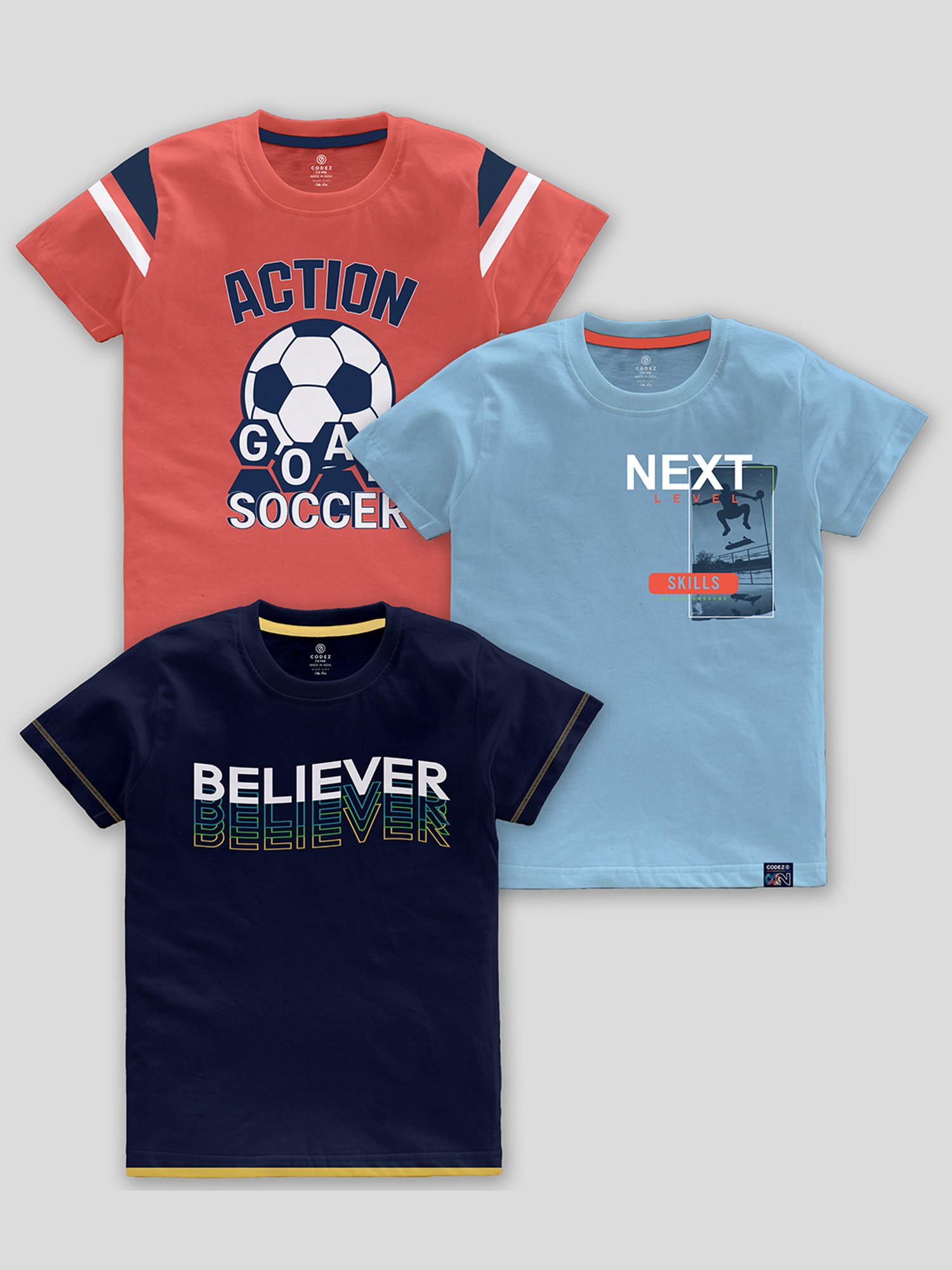 Codez Kids Blue & Coral Printed T-Shirt (Pack Of 3)