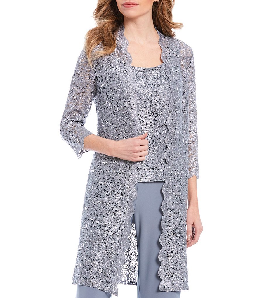 R & M Richards 3-Piece Sequin Glitter Scallop Lace Duster Pant Set