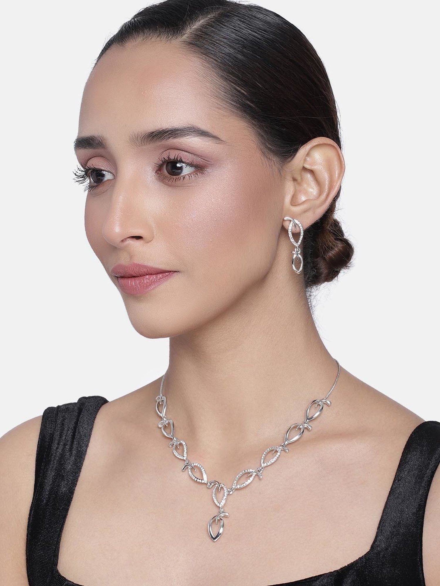 Estele Rhodium-Plated Leafy Necklace & Earring Set with Crystals for Women