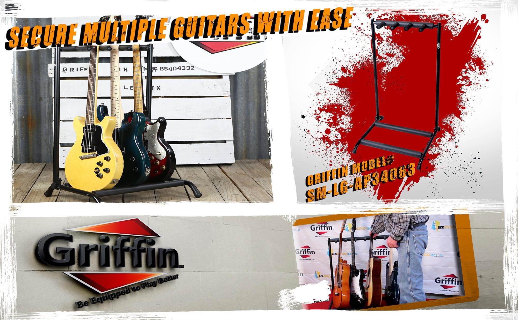 Three Guitar Rack Stand by GRIFFIN | Floor Storage Holder for Multiple Guitars | Neck Mount Support For Electric, Acoustic Bass, Accessories | Recording Studios, Schools, Stage Performers, Wall Hanger