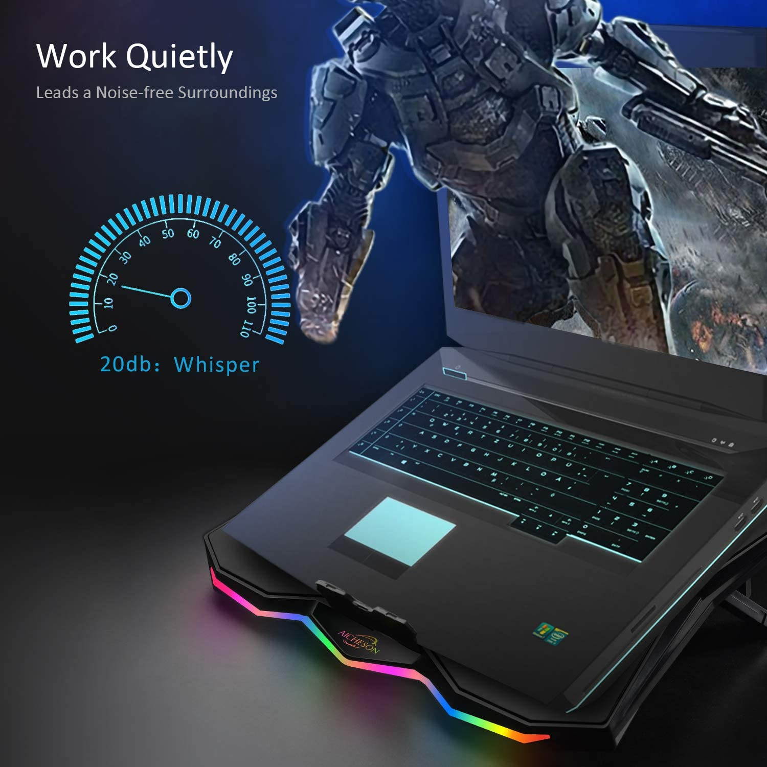 Laptop Cooling Cooler Pad 15.6-17.3 Inch with Metal Panel, 1 Big Fan, Rainbow Lights, AA3
