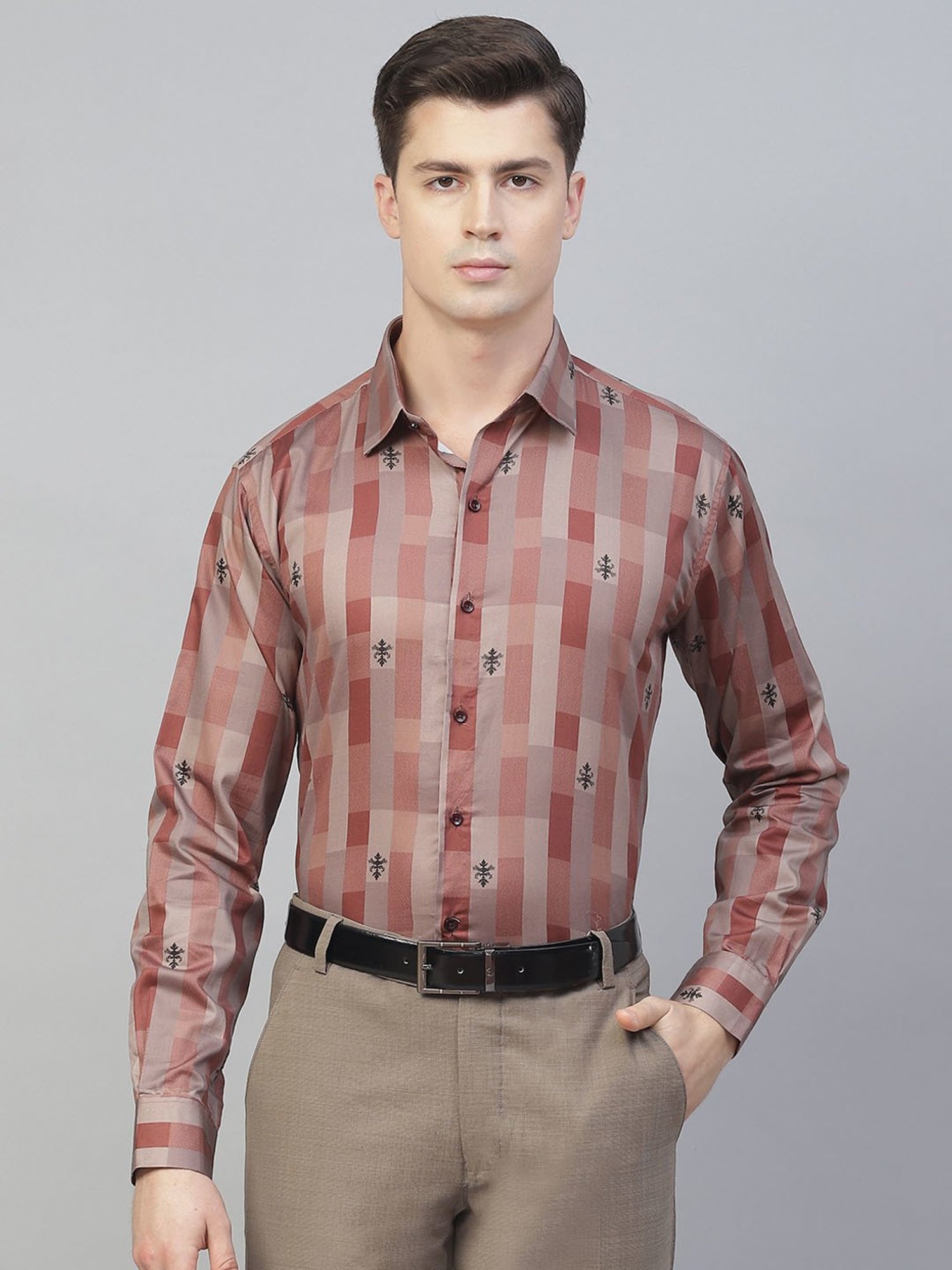 ManQ Rust Cotton Regular Fit Checks Shirt