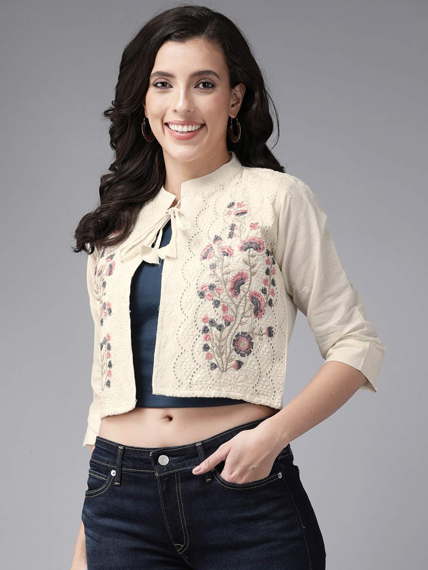 Aarika White Cotton Embroidered Shrug