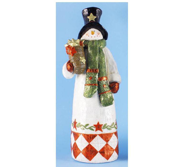 Don Mechanic 18" White and Black Folk Art Snowman with Christmas Hat Tabletop Figurine