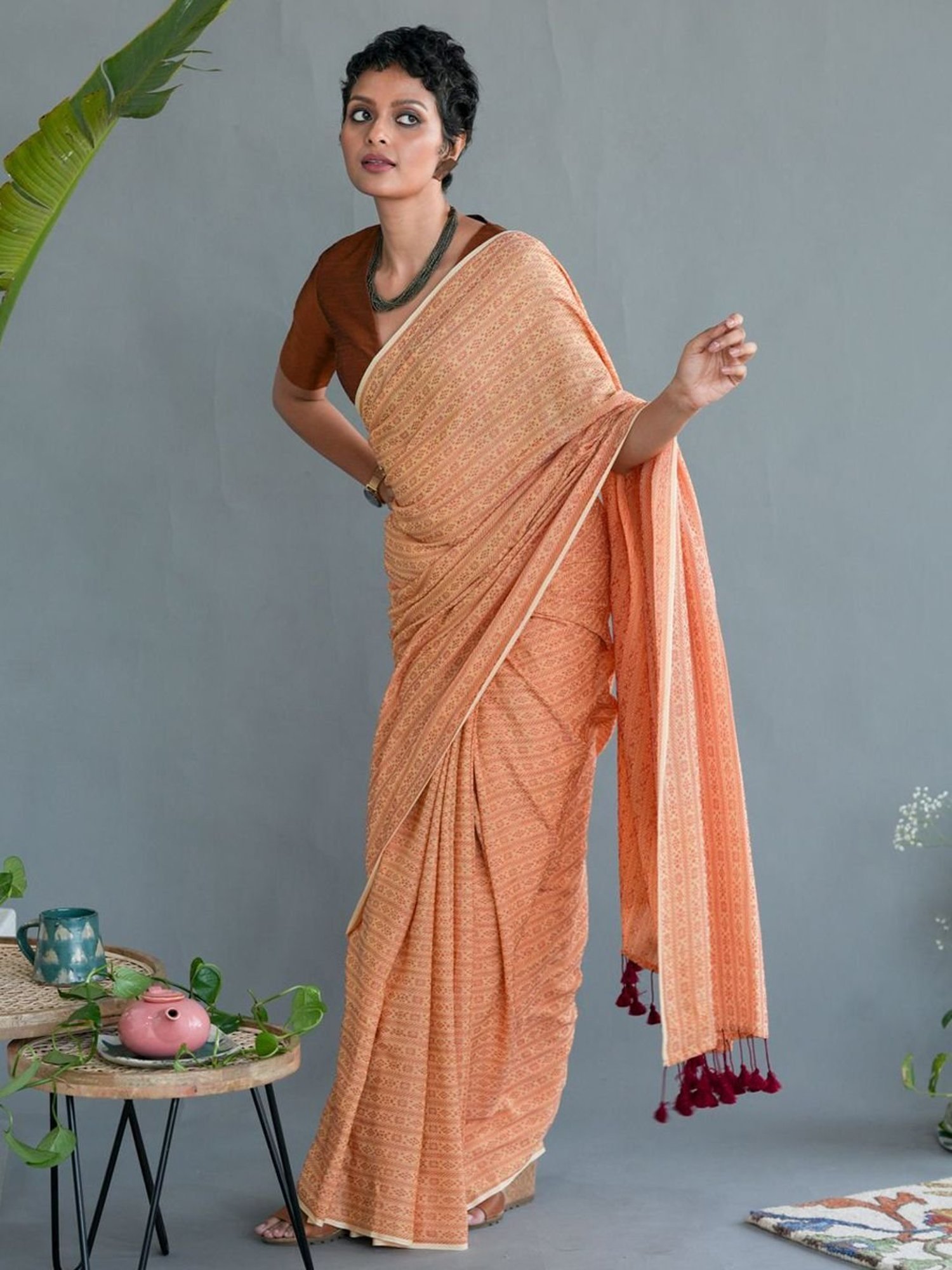 Suta Orange Woven Saree Without Blouse
