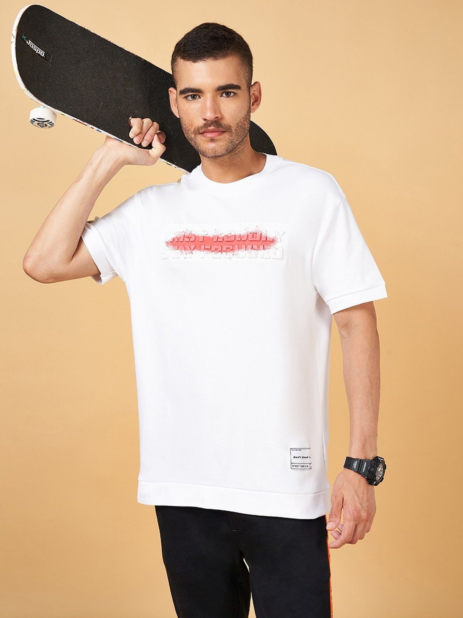 Street 808 by Pantaloons White & Red Cotton Boxy Fit Printed T-Shirt