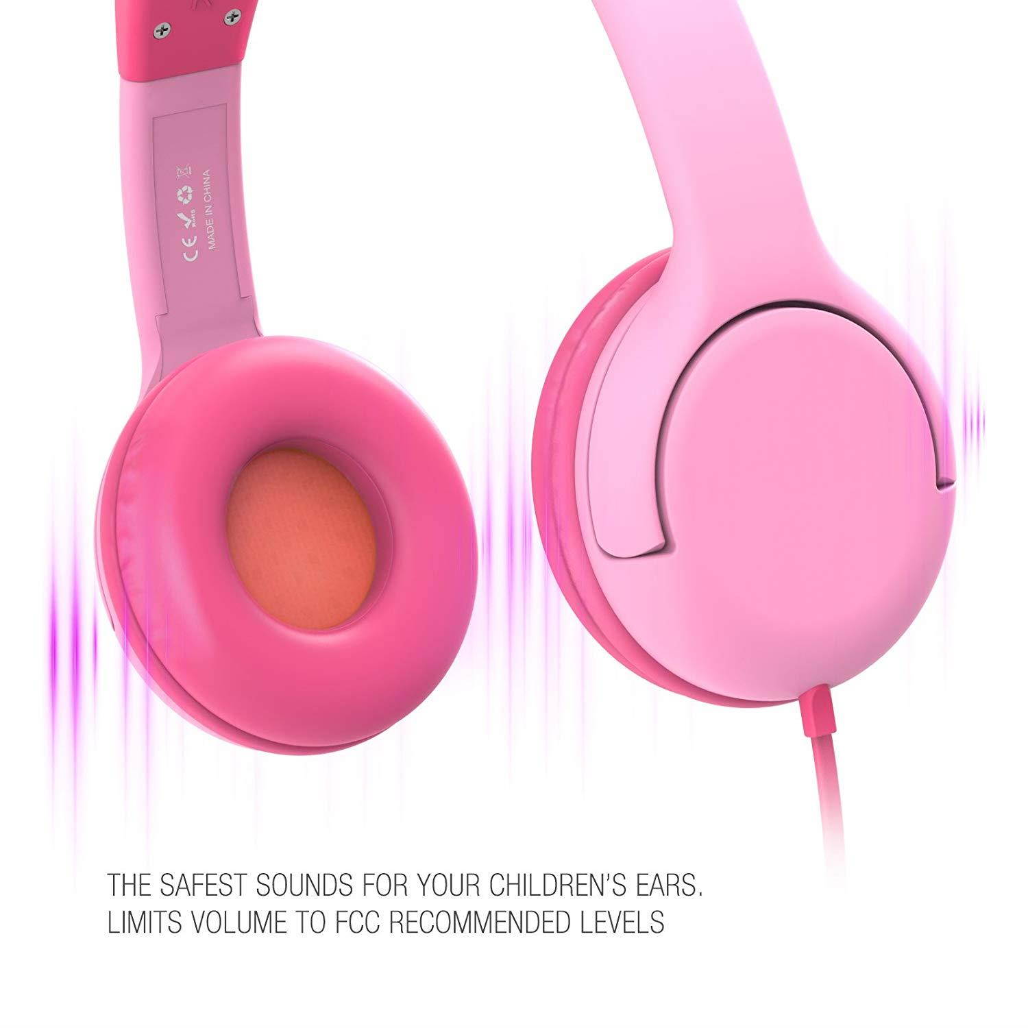 iClever Kids Headphones Over Ear, LED Backlight, Safe Wired Kids Headsets 85dB Volume Limited, Food Grade Silicone, 3.5mm Aux Jack, Cat-Inspired Headphones for Kids, Pink