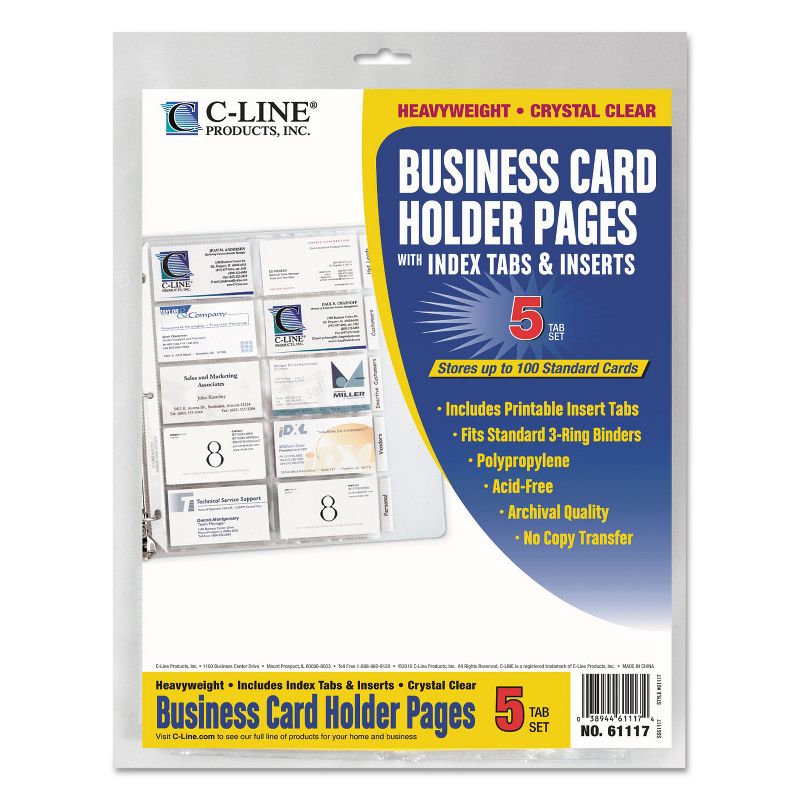 C-Line Tabbed Business Card Binder Pages 20 Cards Per Letter Page Clear 5 Pages 61117