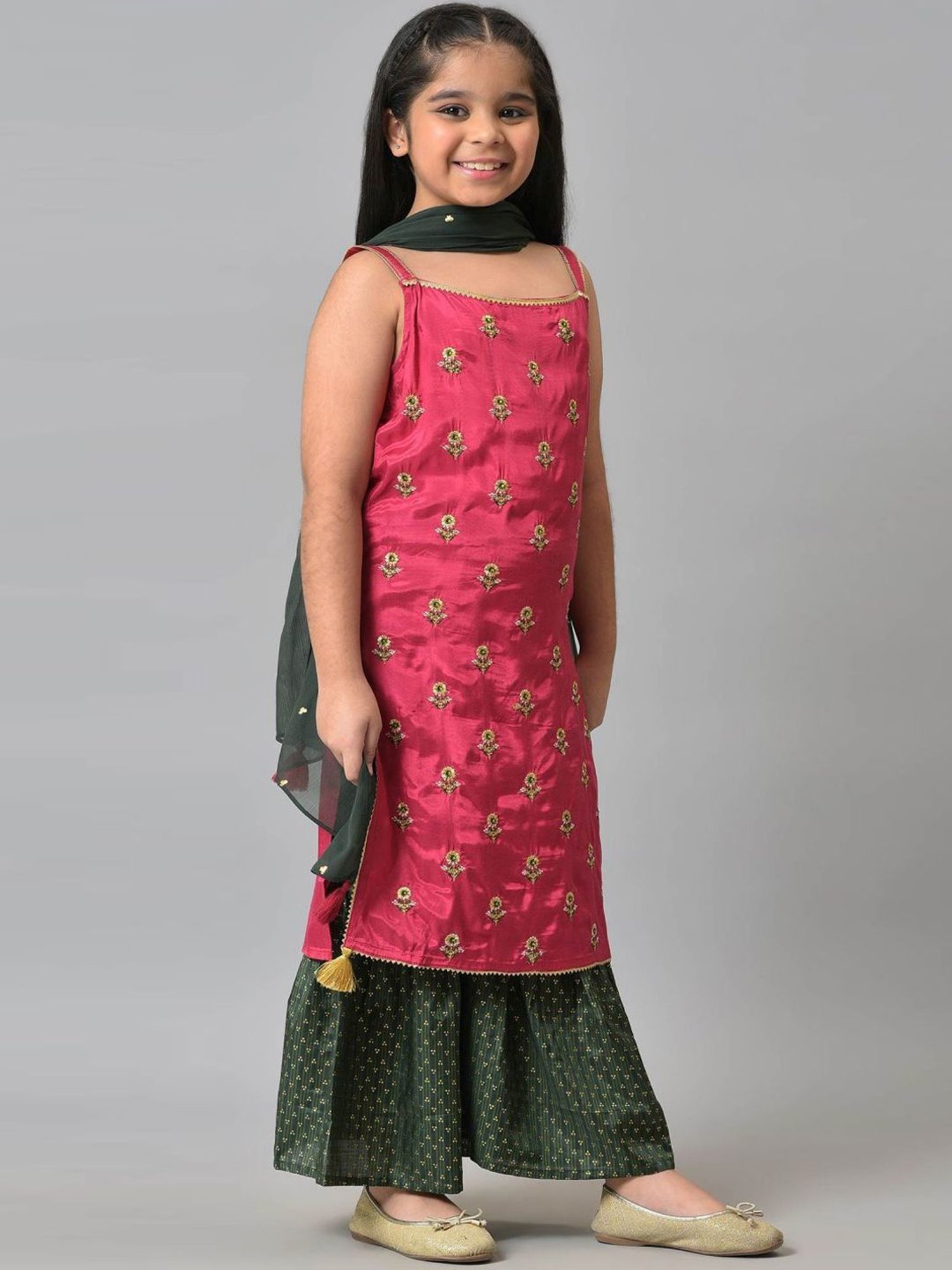 Aurelia Kids Pink & Green Embroidered Kurta Set