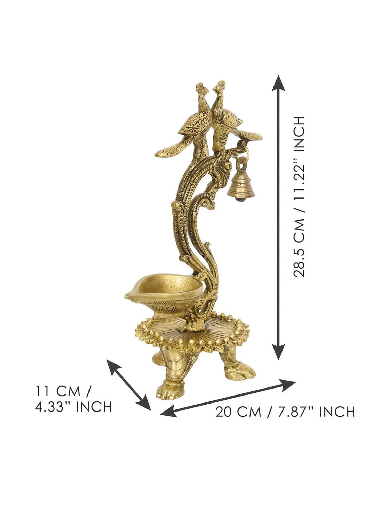 eCraftIndia Antique Finish Decorative Handcrafted Brass Peocock Couple Diya with Bell and Stand