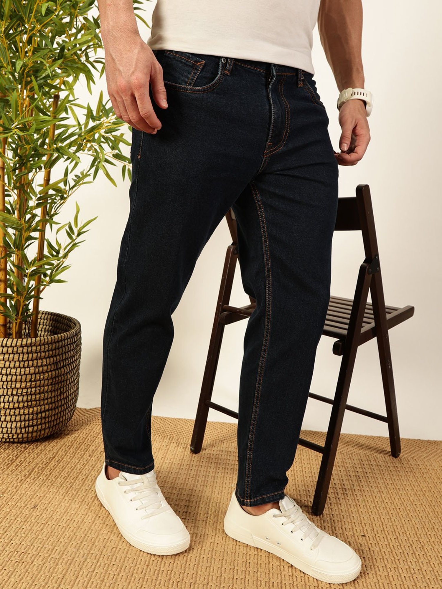 Thomas Scott Dark Blue Cotton Slim Tapered Solid Jeans