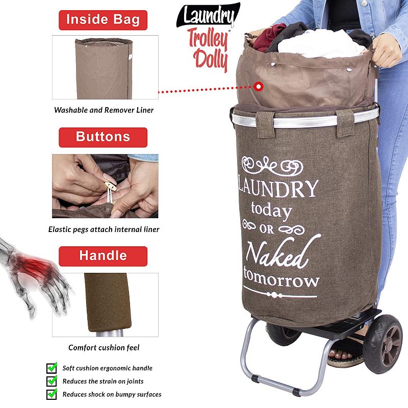 dbest products DBEST-01-563 Laundry Bag Clothes Hamper Basket Wagon Cart Trolley Dolly with Handle, Wheels, and Removable Liner, Brown