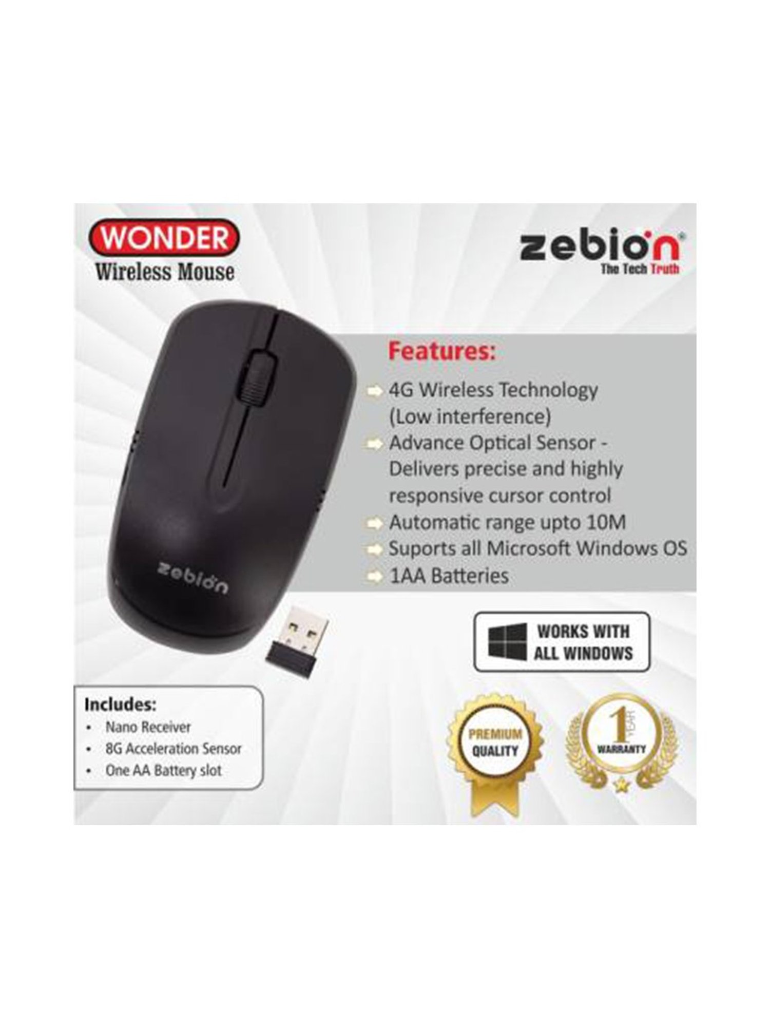 Zebion Wonder Wireless Optical Mouse 2.4Ghz Wireless - Black