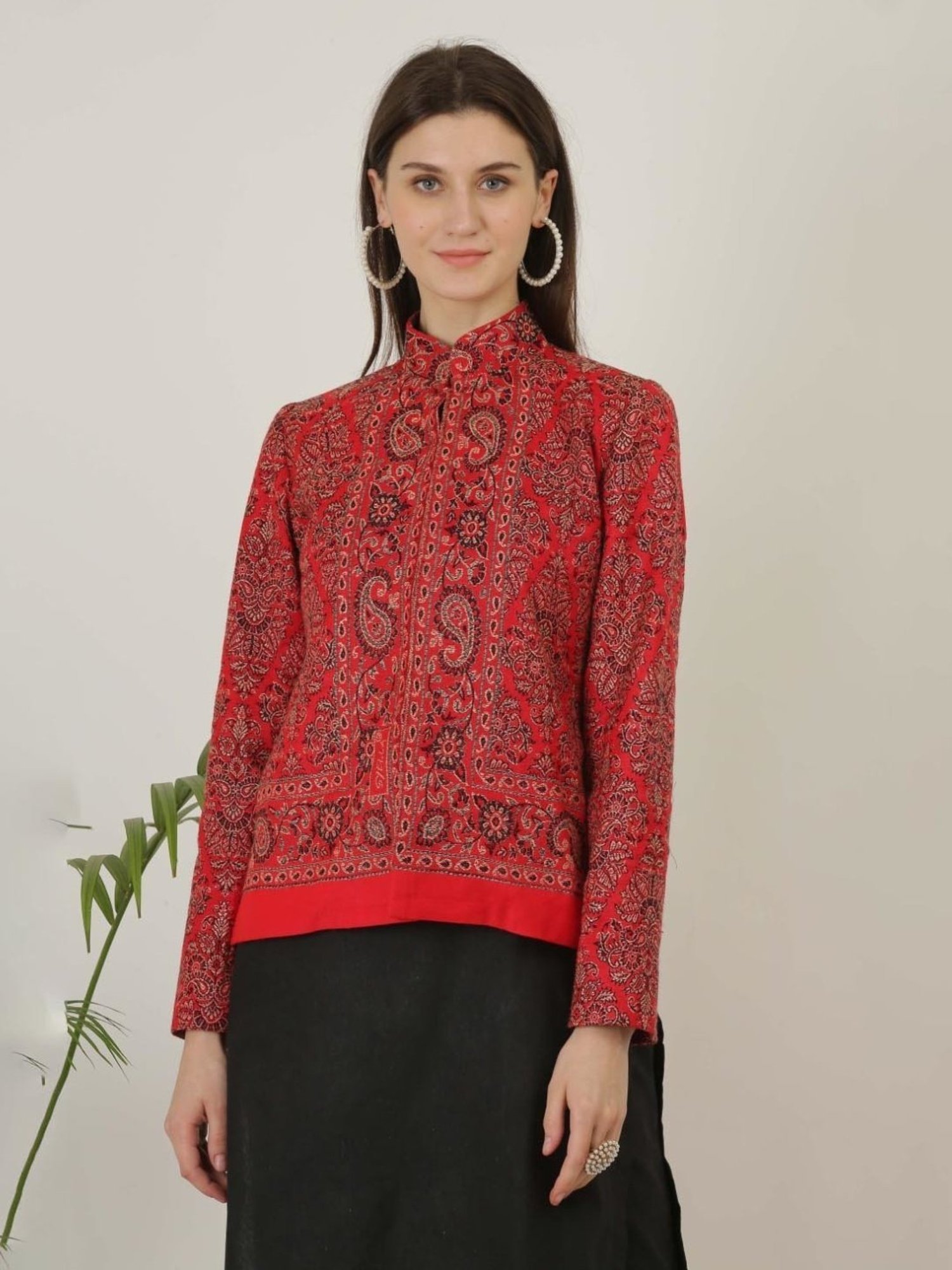 Kaanchie Nanggia Red Wool Self Design Jacket