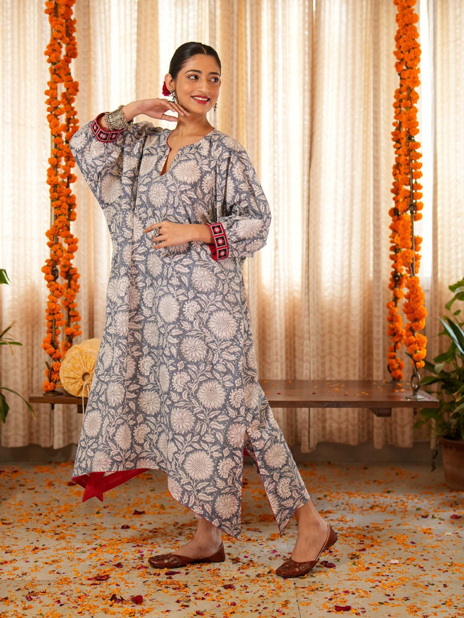 Akiso Bahama Blue Hand Asymmetrical Kaftan with Border