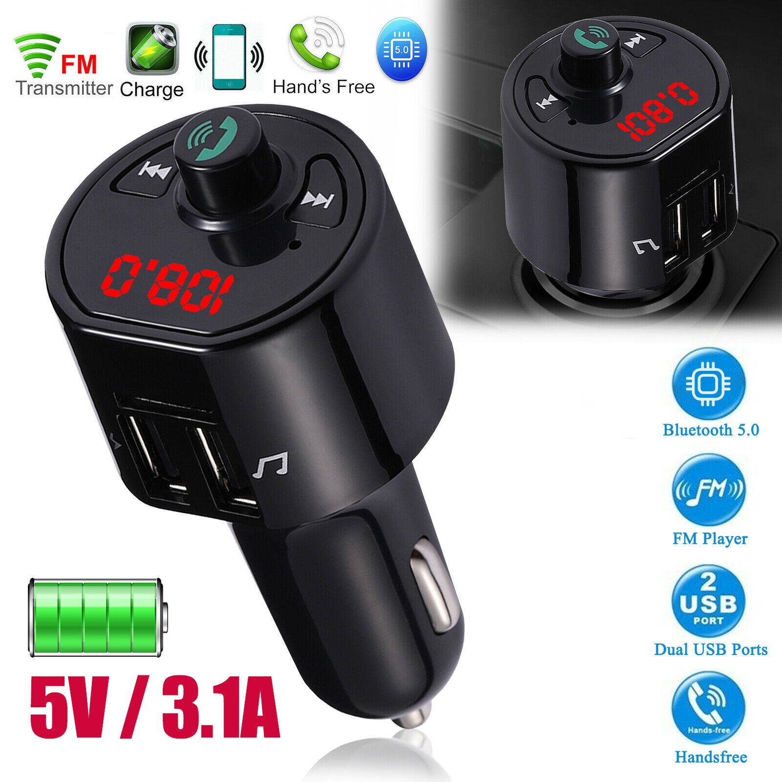 Wireless Bluetooth 5.0 Car FM Transmitter Music AUX Radio LED 2 USB Charging Kit