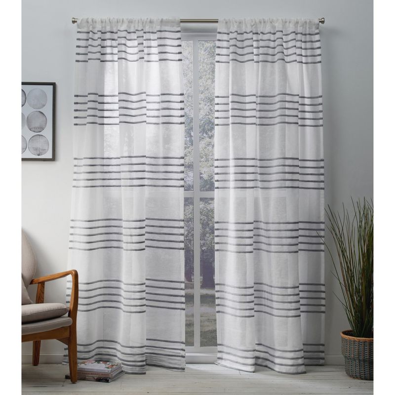 Set of 2 108"x54" Monet Sheer Linen Pleated Cabana Stripe Rod Pocket Window Curtain Panel Silver - Exclusive Home
