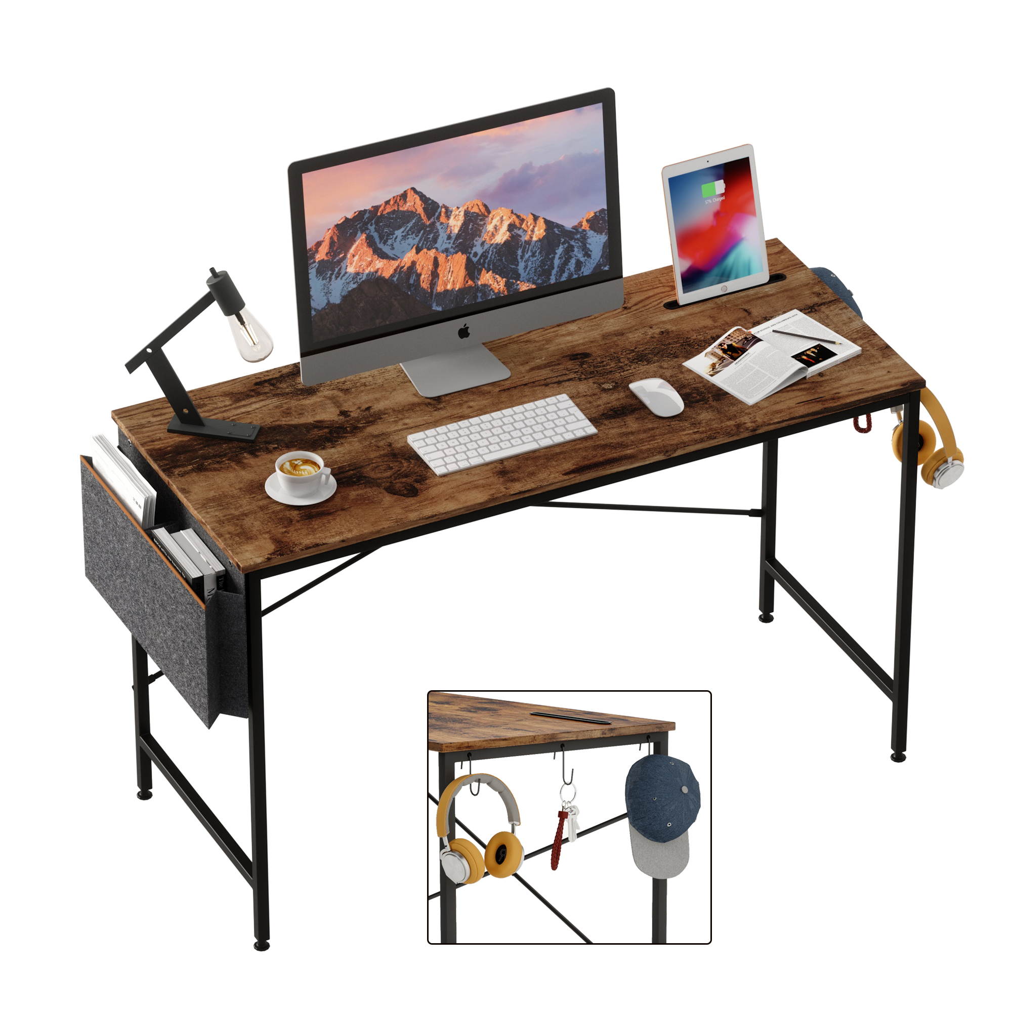 Bestier Computer Desk 47 Inch Office Desk Study Writing Desk, Simple Modern Style Laptop Table with Storage Bag & 3 Little Hook, Retro Gray Top