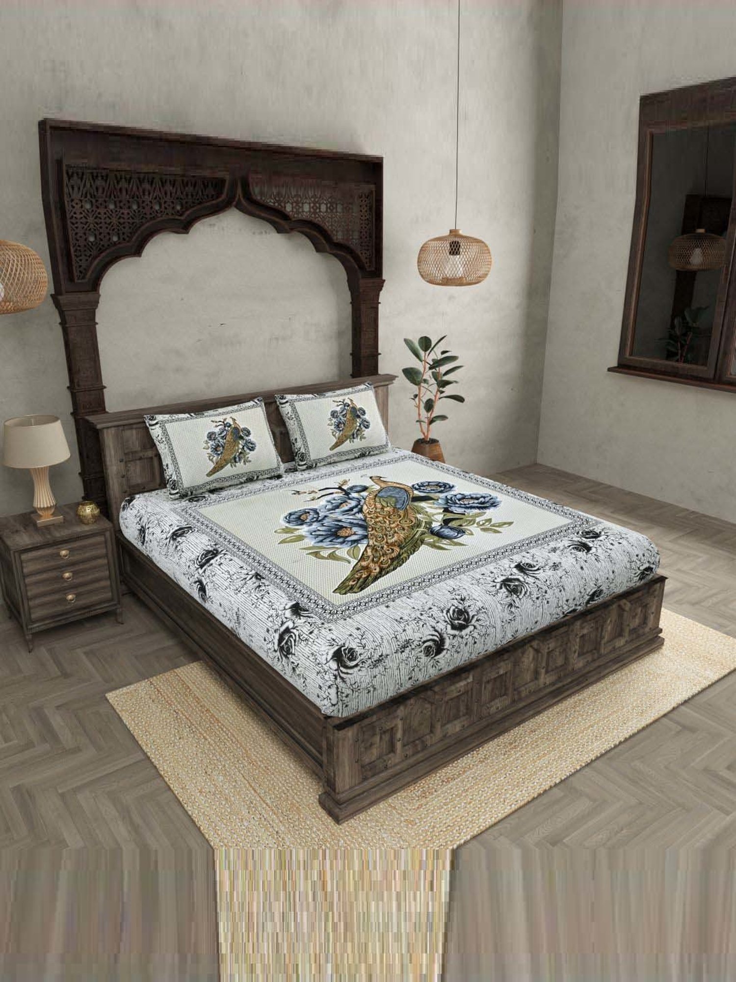 JaipurFabric Indigo 180 TC 100% Cotton Peacock Double Bedsheet with 2 Pillow Covers