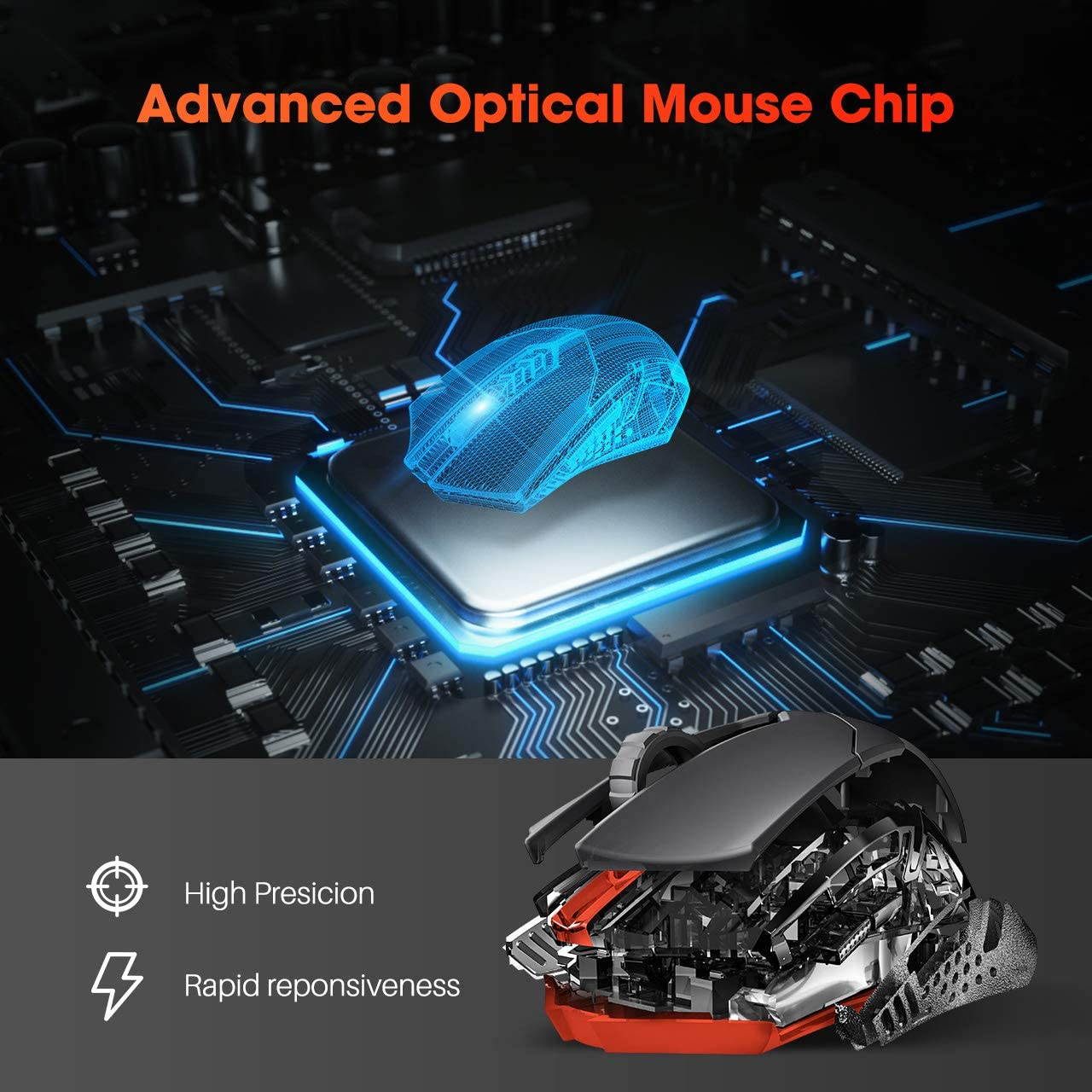 Wireless Gaming Mouse with Unique Silent Click, Breathing Backlit, 2 Programmable Side Buttons, 2400 DPI, Ergonomic Grips, 7-Button Design- Black