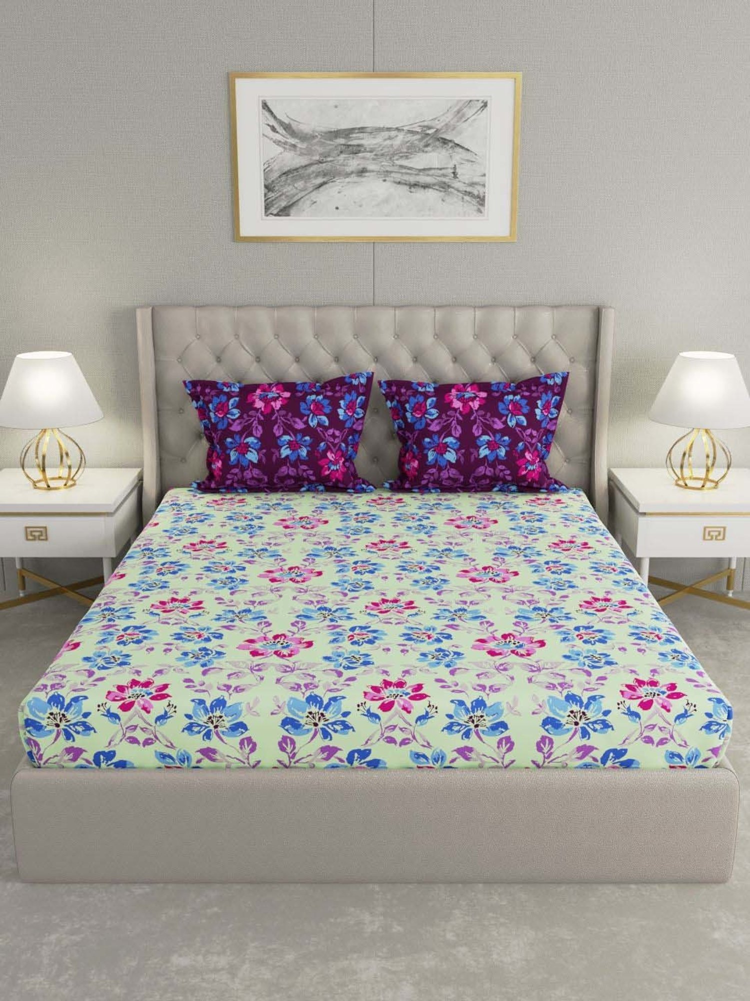 Raymond Home Camphor Blue & Pink 144 TC Cotton Queen Bedsheet with 2 Pillow Covers