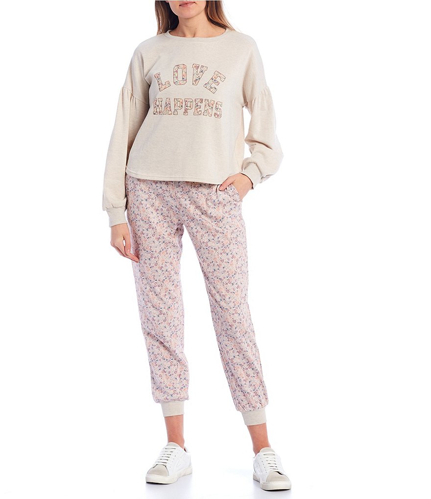 Coco + Jaimeson Long Puff-Sleeve Love Happens Graphic Sweatshirt Top