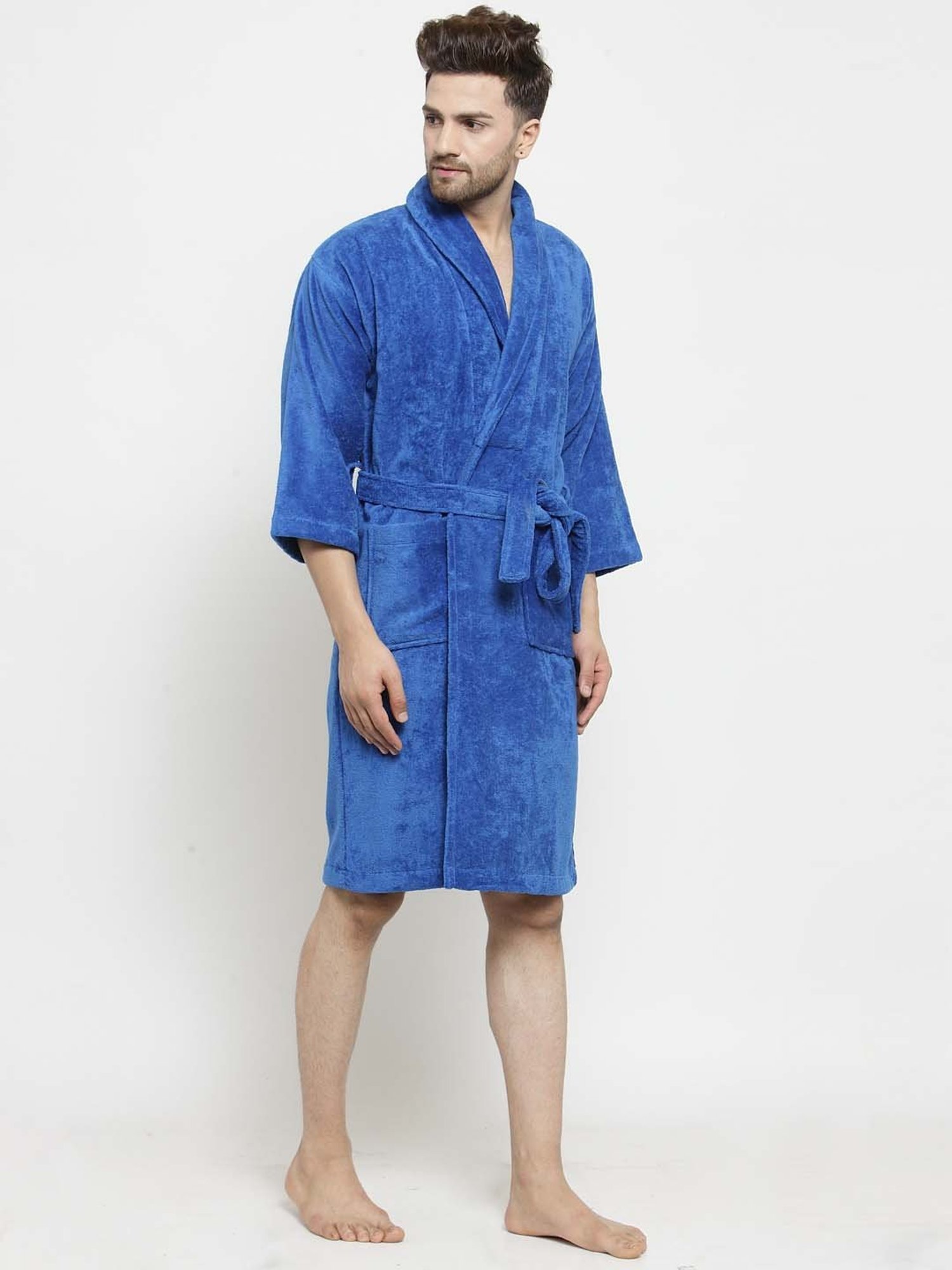 Trident Turkish Blue Cotton 350 GSM Bathrobe for Men (Medium)