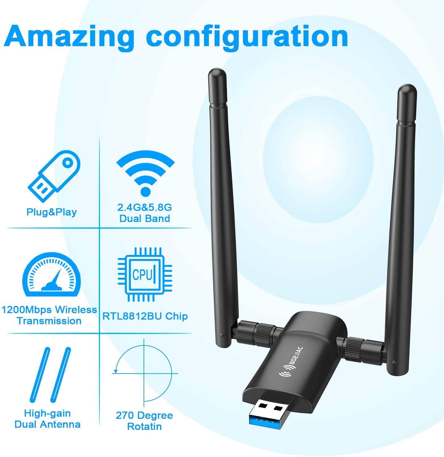 USB WiFi Adapter 1200Mbps Wireless Internet Adapter USB 3.0 WiFi Dongle for PC 802.11AC with 3dBi High Gain Antenna Support Linux Mac OS 10.9~10.15 Windows 10/8.1/8/7/ XP System, Easy to Use