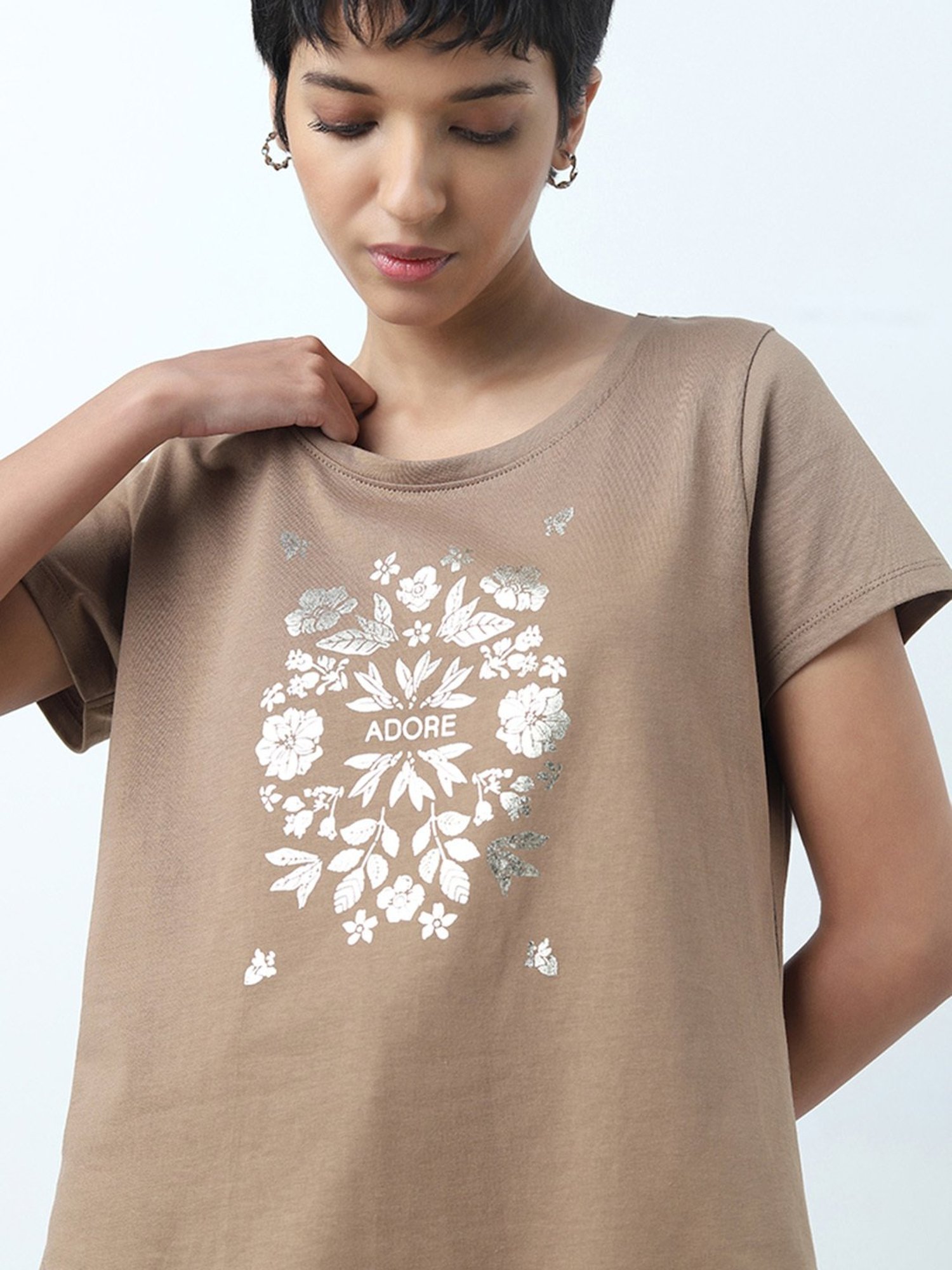 LOV by Westside Taupe Floral Design Cotton T-Shirt