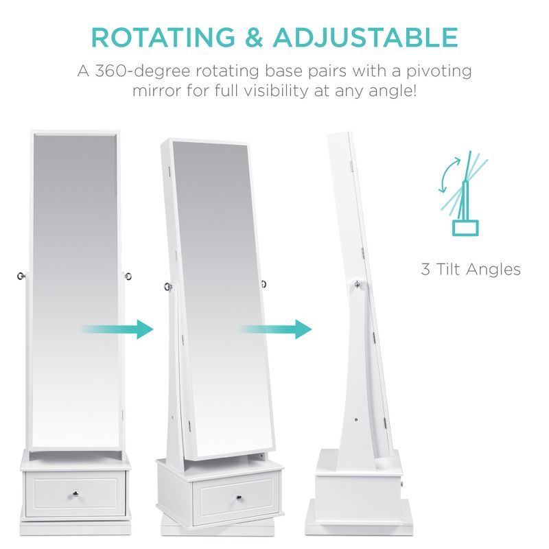 Best Choice Products 360 Swivel Standing Mirrored Jewelry Cabinet, LED-Lit Makeup Organizer w/ Mirror - White