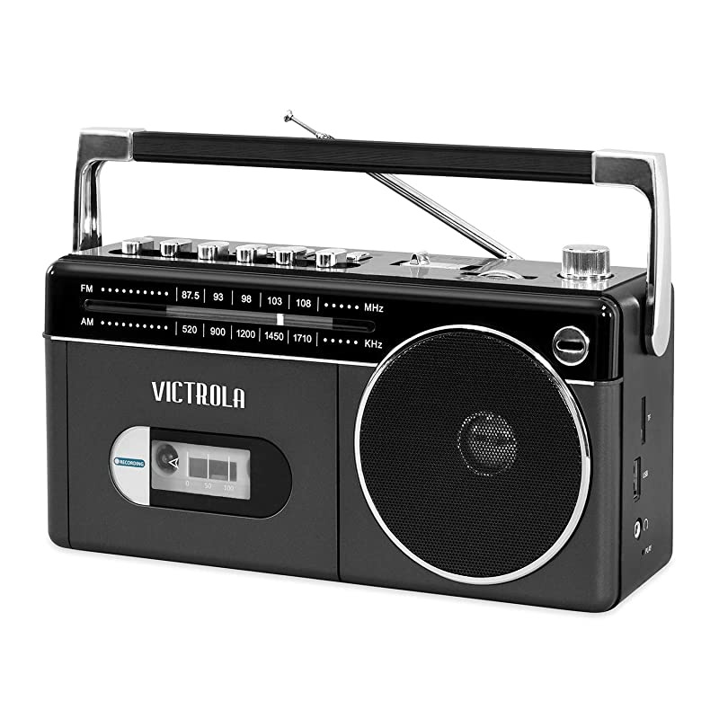 Mini Bluetooth Boombox with Cassette Player Recorder and AmFM Radio Grey