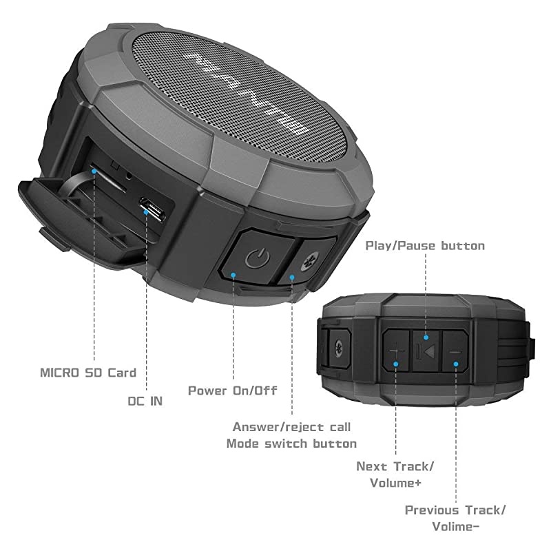 Bluetooth Speaker  Cuckoo Portable Wireless Mini Waterproof Stereo Sound System for Shower Outdoor Hiking Camping Cycling Grey