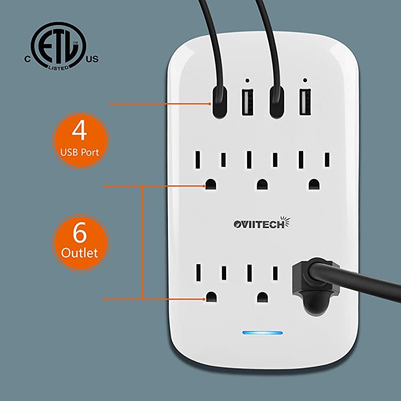 6 Outlet Extender with 4 USB Charging Ports42A TotalWall Mount Outlet Plugs 900 Joules Wall Surge Protector And Top Phone HolderETL ListedWhite