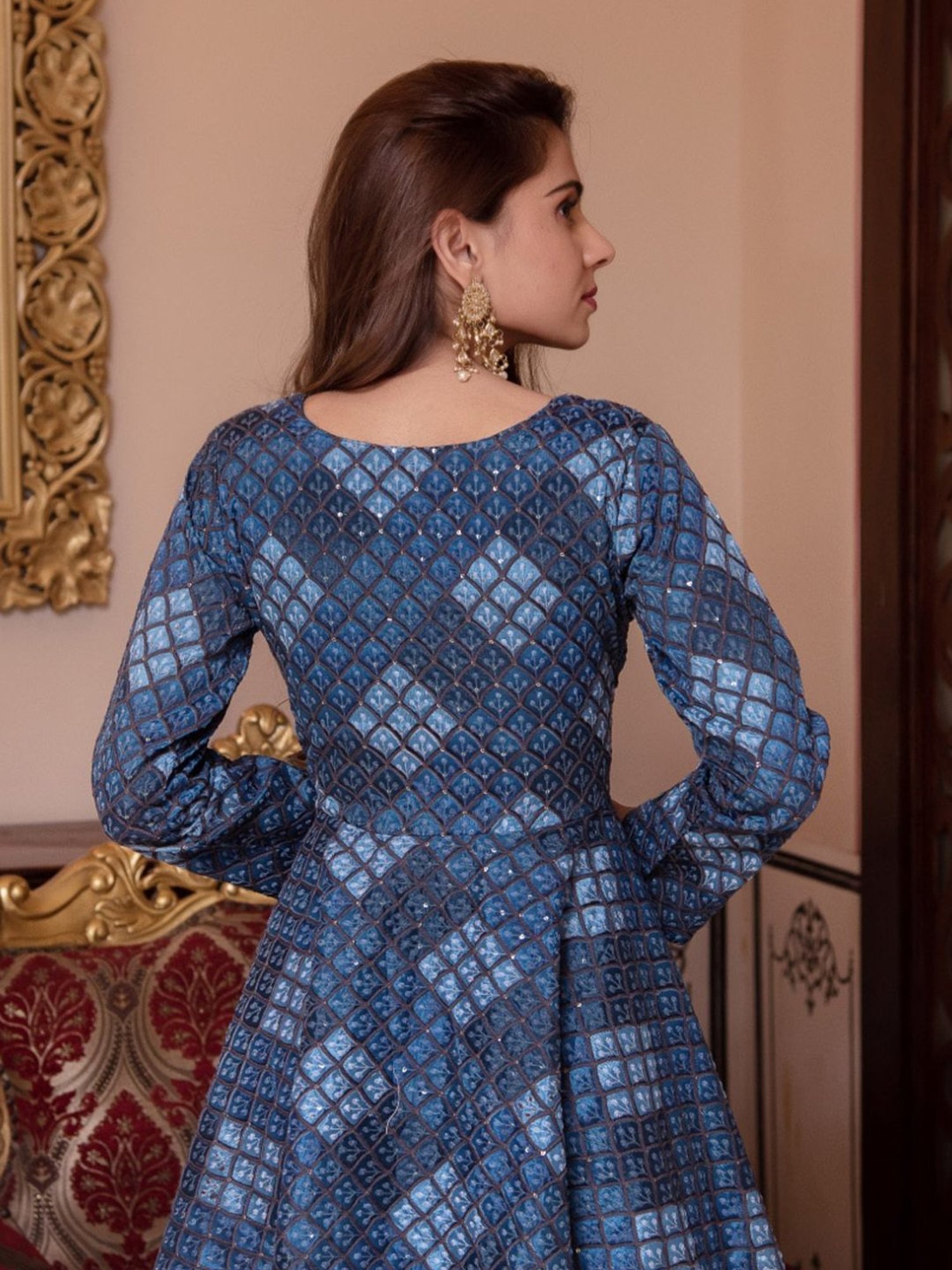 Calmna Teal Blue Embroided Georgette Kuta with Sharara