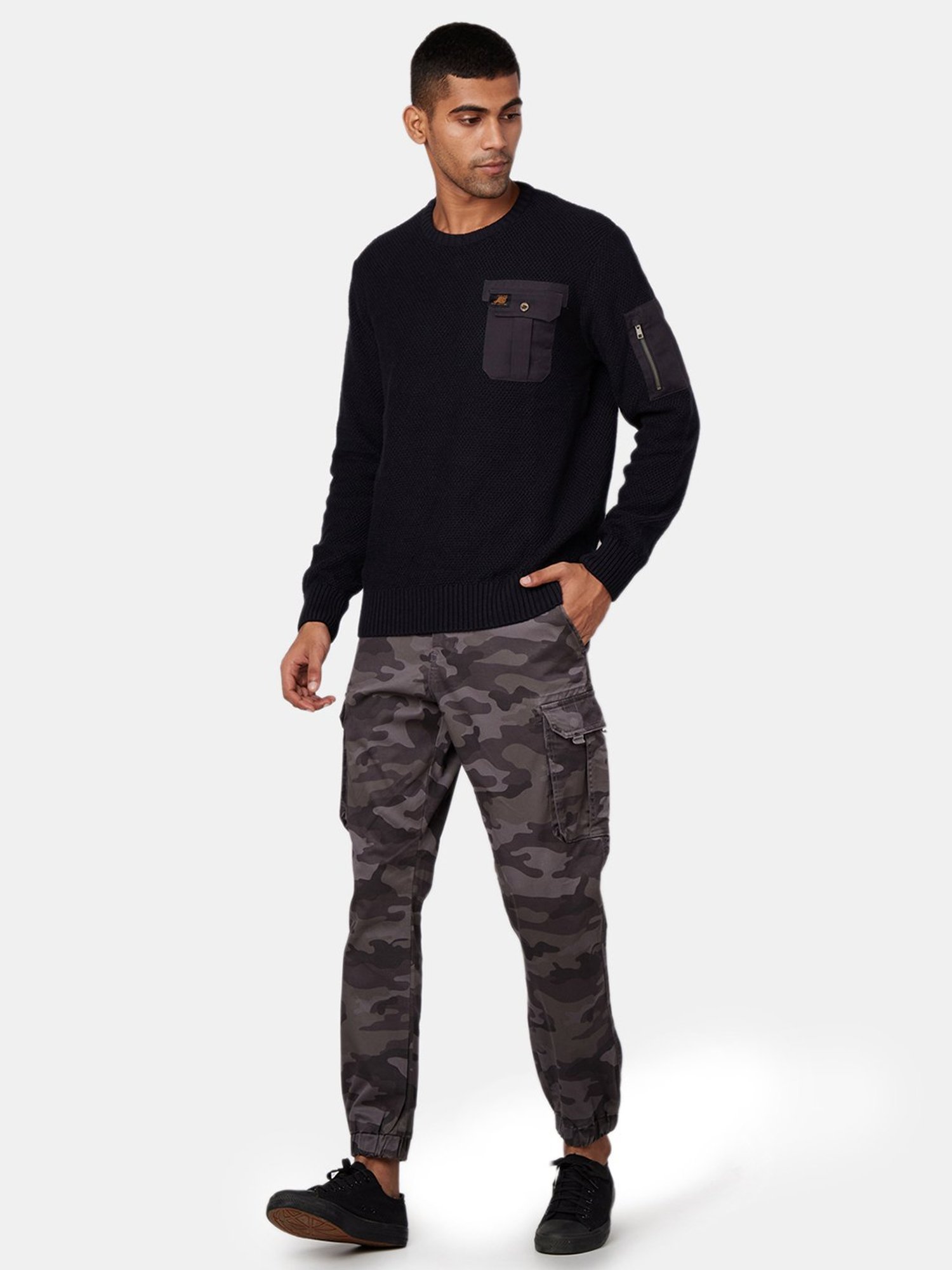 Royal Enfield Black Self Design Full Sleeves Sweater