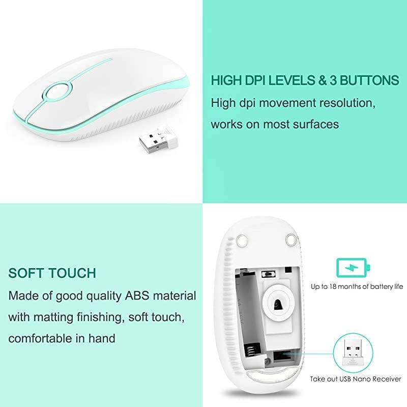 2.4G Slim Wireless Mouse with Nano Receiver, Less Noise, Portable Mobile Optical Mice for Notebook, PC, Laptop, Computer, MacBook MS001 (White and Green)