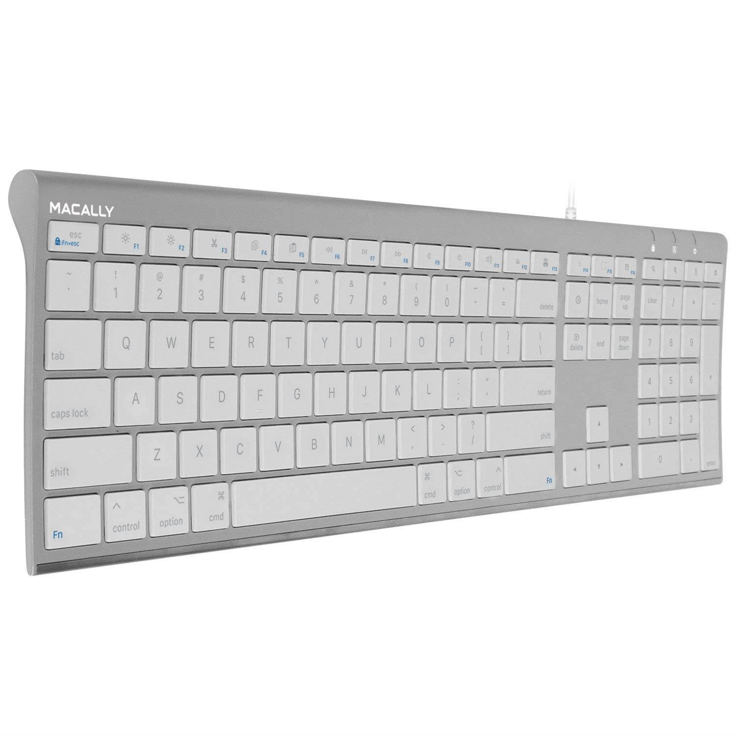 Macally Ultra-Slim USB Wired Computer Keyboard for Apple MacBook Pro/Air, iMac, Mac Mini, Mac Pro, Windows PC Laptops/Desktops and Notebooks | Plug and Play - No Drivers | Silver Finish (ACEKEYA)