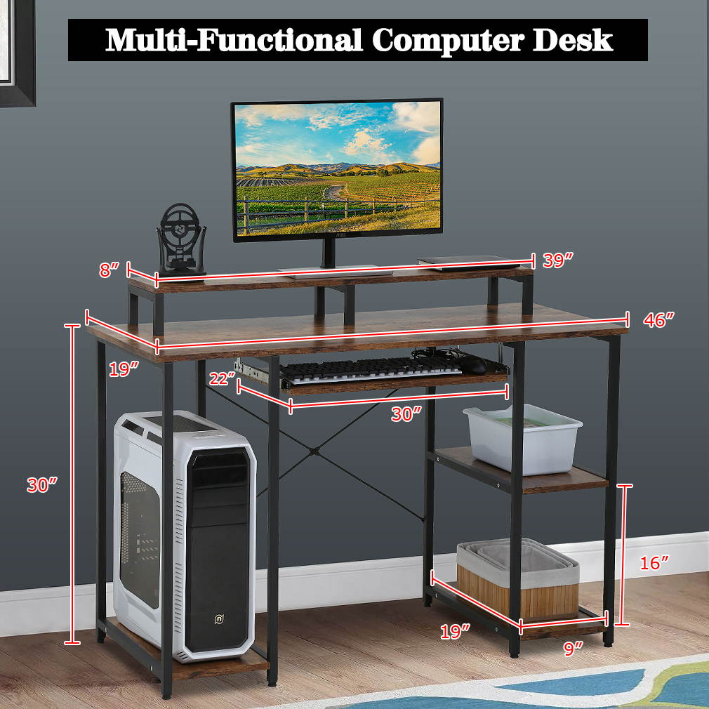 Computer Desk Home Office Desk 46 inches Gaming Writing Desk Student Girl Kids Study Desk Ergonomic Table Workstation with Monitor Stand Shelf/Bookshelves/CPU Stand