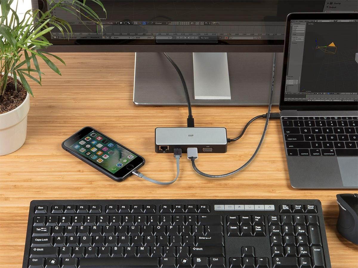 Monoprice USB-C to HDMI, VGA, USB 3.0, RJ45 Gigabit Ethernet and USB-C Female Travel Dock