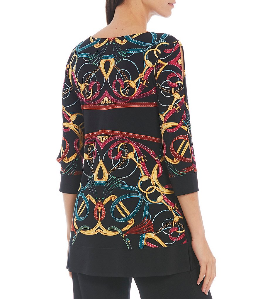 Eva Varro Mirrored Scarf Print Knit Round Neck 3/4 Slit Sleeve Hi-Low Tunic