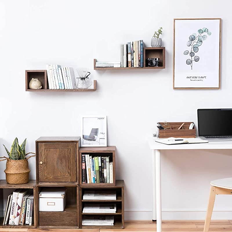 Square Cube U Shaped Wall Mounted Shelf, Storage Hanging Shadow Box Shelves Floating Bookshelves Organizer CD Photo Rack Display Case for Bedroom Living Room Office(Walnut, Right)