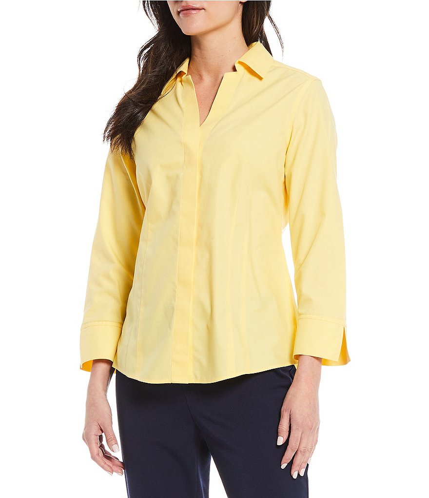 Investments Petite Size Taylor Gold Label Non-Iron Y-Neck 3/4 Sleeve Button Front Shirt